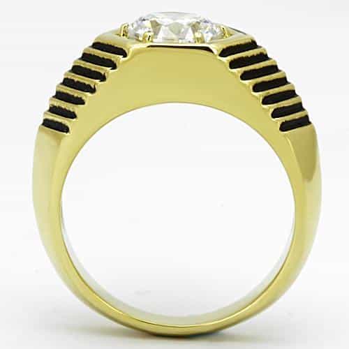 Stainless Steel Gold CZ Round Hexagonal Stripe Mens Signet Ring view 5