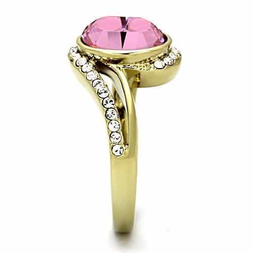 Stainless Steel Gold Pink Oval Crystal Bezel Halo Ring view 7