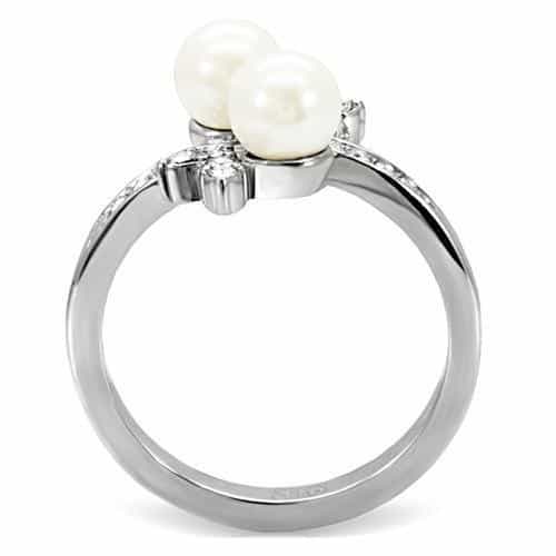 Stainless Steel Double Pearl CZ Floral Bypass Ring view 7