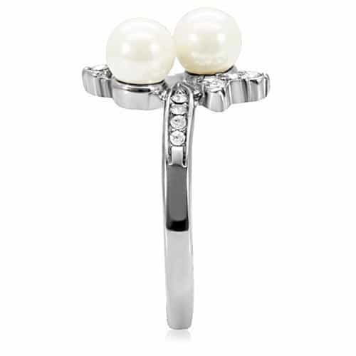 Stainless Steel Double Pearl CZ Floral Bypass Ring view 9