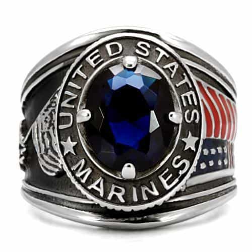 Stainless Steel United States Marines Blue Sapphire Mens Ring view 5