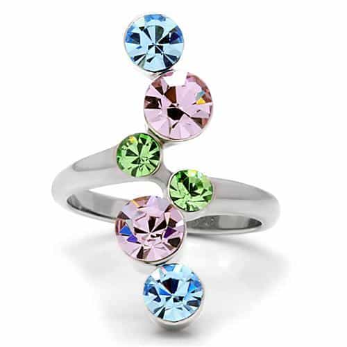 Brass Silver Multi Color Crystal Round Bypass Cocktail Ring view 5