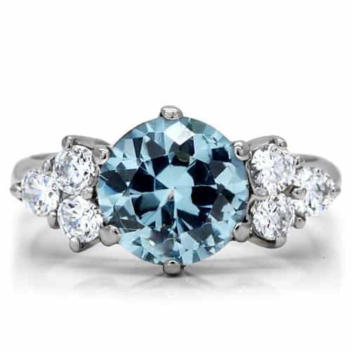 Stainless Steel Aqua Blue Round CZ Three Stone Ring view 5