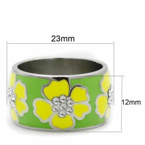 Stainless Steel Green Yellow Enamel Flower CZ Dome Ring view 3
