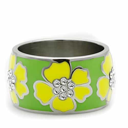 Stainless Steel Green Yellow Enamel Flower CZ Dome Ring view 5