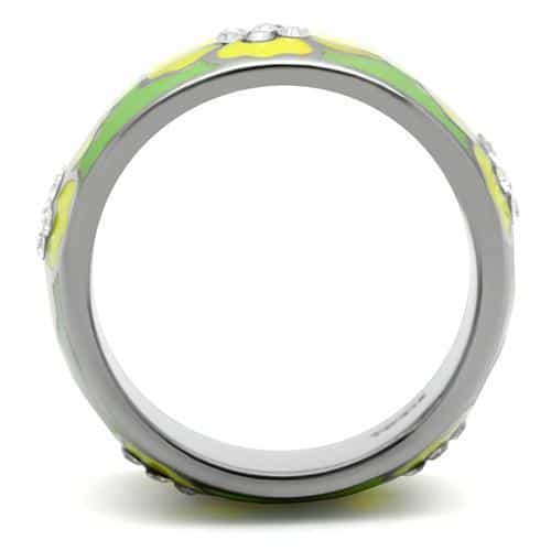 Stainless Steel Green Yellow Enamel Flower CZ Dome Ring view 7