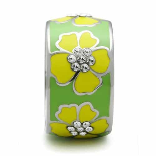 Stainless Steel Green Yellow Enamel Flower CZ Dome Ring view 9