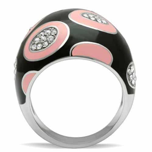 Stainless Steel Black Enamel Pink Circle CZ Pave Dome Ring view 5