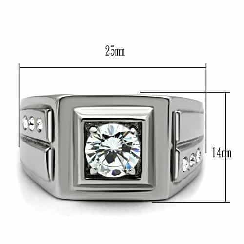 Stainless Steel CZ Round Square Bezel Polished Mens Signet Ring view 3