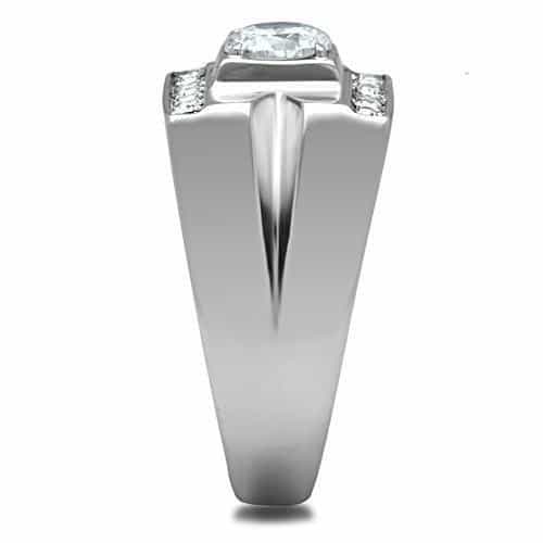 Stainless Steel CZ Round Square Bezel Cutout Mens Signet Ring view 7