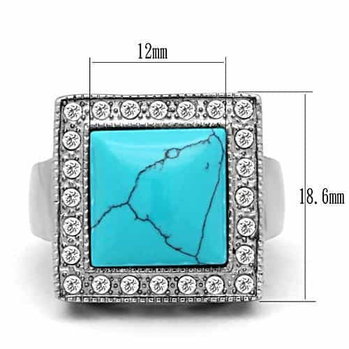 Stainless Steel Turquoise Square CZ Halo Scroll Filigree Ring view 3