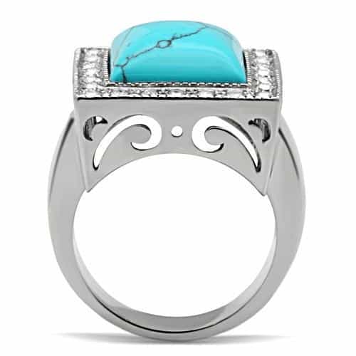 Stainless Steel Turquoise Square CZ Halo Scroll Filigree Ring view 5