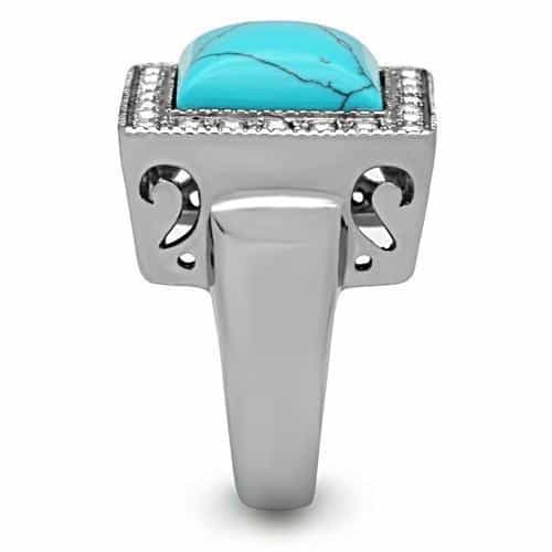 Stainless Steel Turquoise Square CZ Halo Scroll Filigree Ring view 7