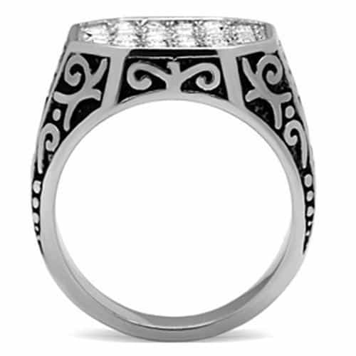 Stainless Steel CZ Pave Scroll Filigree Hexagon Mens Signet Ring view 5