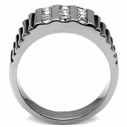 Stainless Steel CZ Channel Row Ribbed Wide Band Mens Ring view 5