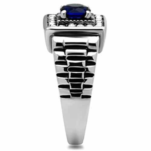Stainless Steel Blue Stone Square CZ Pave Link Mens Signet Ring view 7