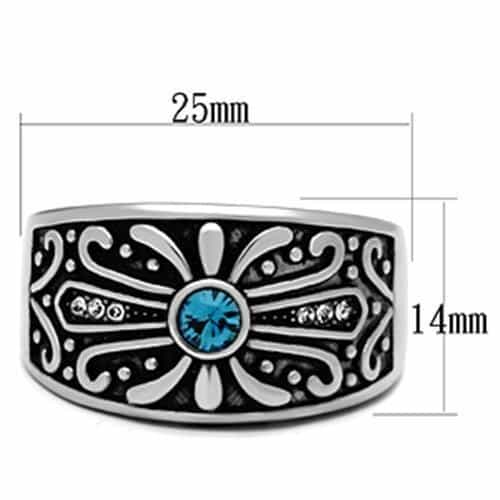 Stainless Steel Silver Blue Topaz Round Fleur De Lis Mens Ring view 3