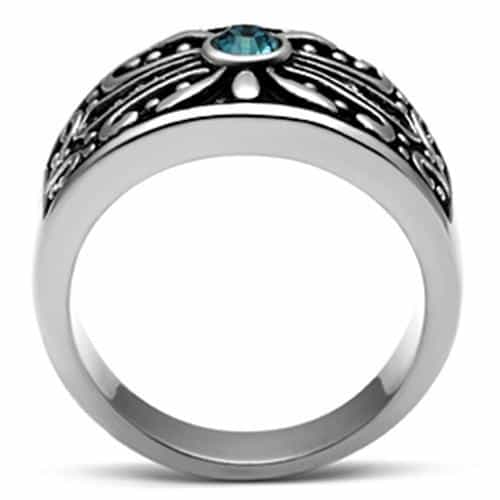 Stainless Steel Silver Blue Topaz Round Fleur De Lis Mens Ring view 5