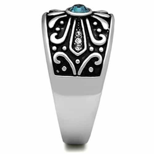 Stainless Steel Silver Blue Topaz Round Fleur De Lis Mens Ring view 7