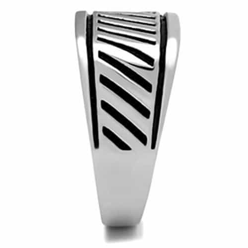 Stainless Steel Silver Black Enamel Diagonal Stripe Mens Ring view 7