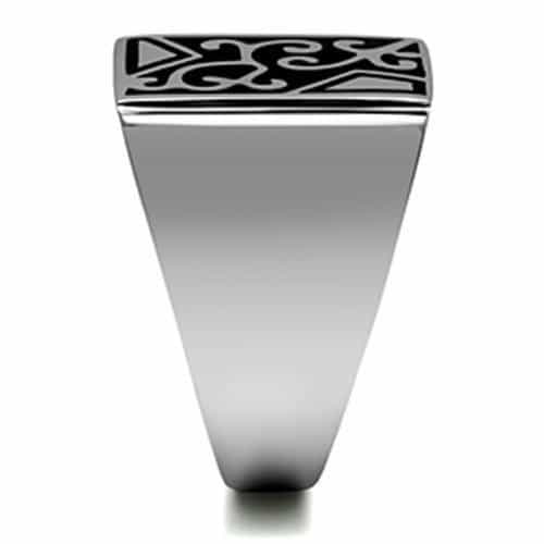 Stainless Steel Silver Black Enamel Scroll Carved Square Ring view 7