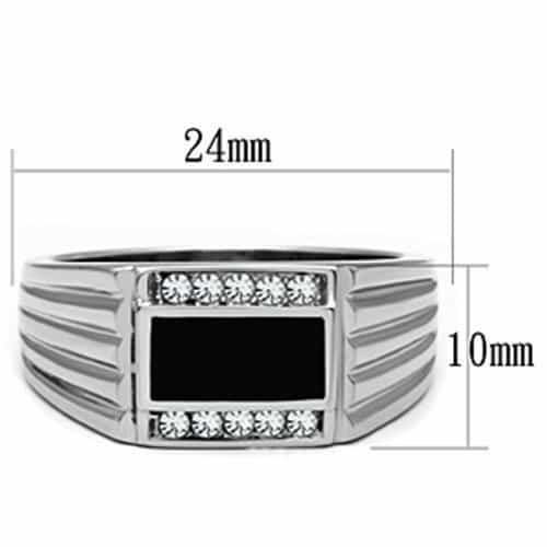 Stainless Steel Silver Black Onyx Rectangle CZ Bar Mens Ring view 3