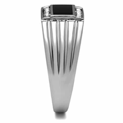 Stainless Steel Silver Black Onyx Rectangle CZ Bar Mens Ring view 7