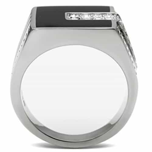 Stainless Steel Silver Black Onyx Rectangle CZ Mens Signet Ring view 5