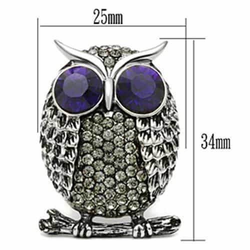 Stainless Steel Dark IP Amethyst Eye CZ Pave Owl Novelty Ring view 5