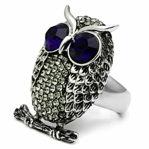 Stainless Steel Dark IP Amethyst Eye CZ Pave Owl Novelty Ring view 7