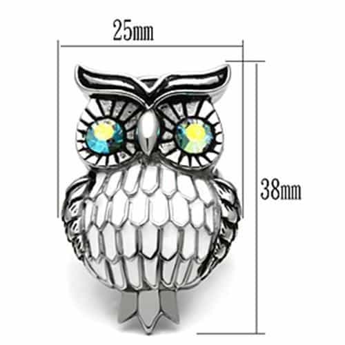 Stainless Steel Silver Aurora Borealis Eye CZ Pave Owl Ring view 5