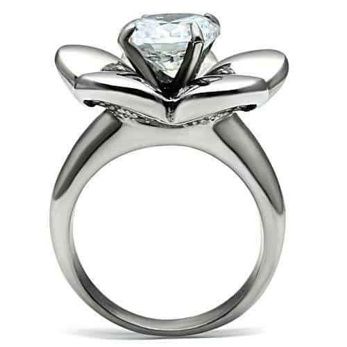 Stainless Steel Silver CZ Round Flower Petal Cocktail Ring view 5
