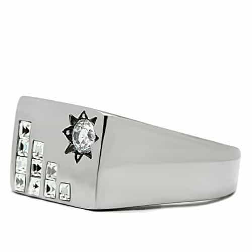 Stainless Steel Silver CZ Star Sun Rectangle Mens Signet Ring view 7