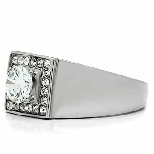 Stainless Steel Silver CZ Round Halo Square Mens Signet Pendant view 7