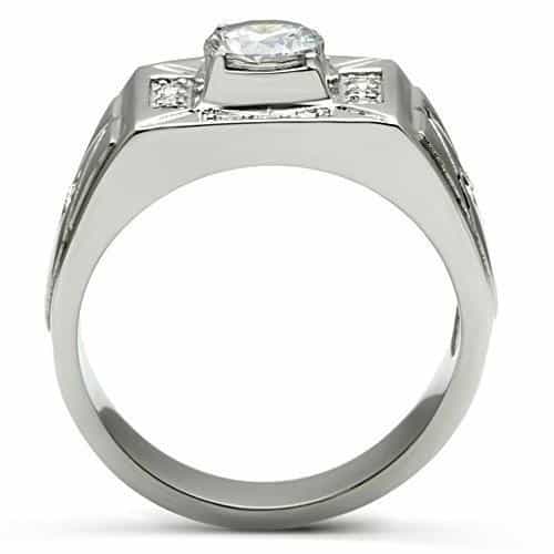 Stainless Steel CZ Round Square Halo Chevron Mens Signet Ring view 5