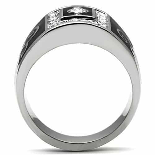 Stainless Steel Silver Black Enamel CZ Scroll Pattern Wide Ring view 5