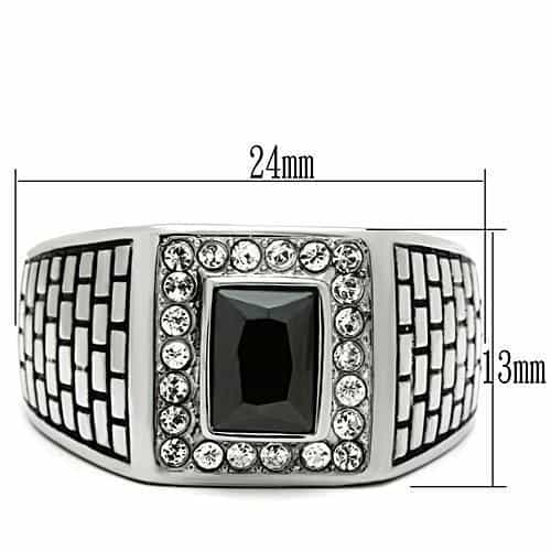 Stainless Steel Silver CZ Princess Black Crosshatch Square Ring view 3