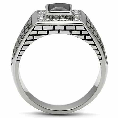 Stainless Steel Silver CZ Princess Black Crosshatch Square Ring view 5