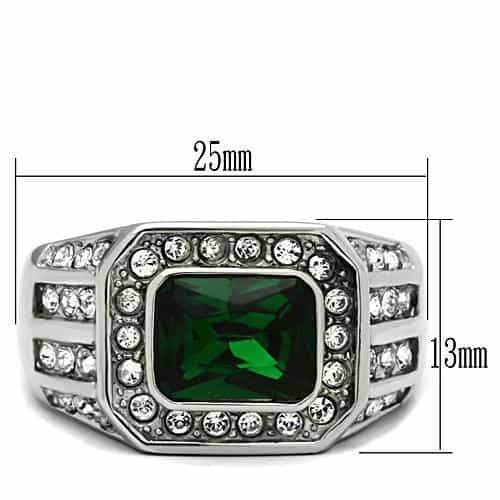 Stainless Steel Silver CZ Emerald Cut Green Halo Square Mens Ring view 3