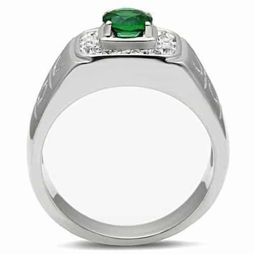 Stainless Steel Silver CZ Emerald Cut Green Halo Oval Mens Ring view 5