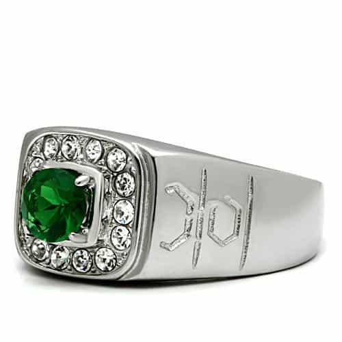 Stainless Steel Silver CZ Emerald Cut Green Halo Oval Mens Ring view 7