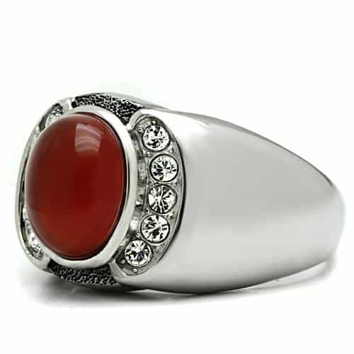 Stainless Steel Silver Carnelian Cabochon CZ Halo Oval Mens Ring view 7