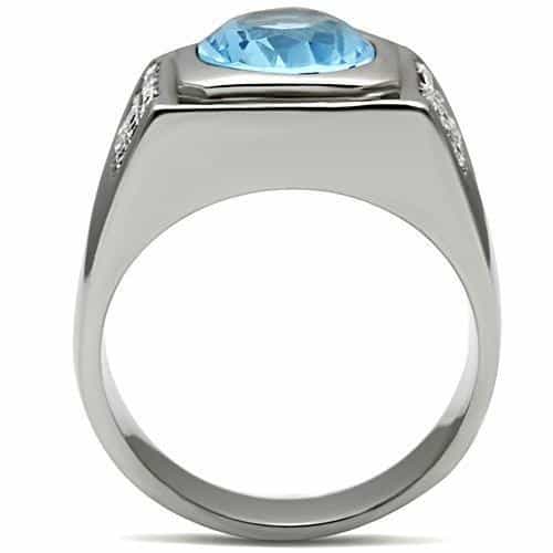 Stainless Steel Silver CZ Cushion Light Blue V-Accent Square Ring view 5