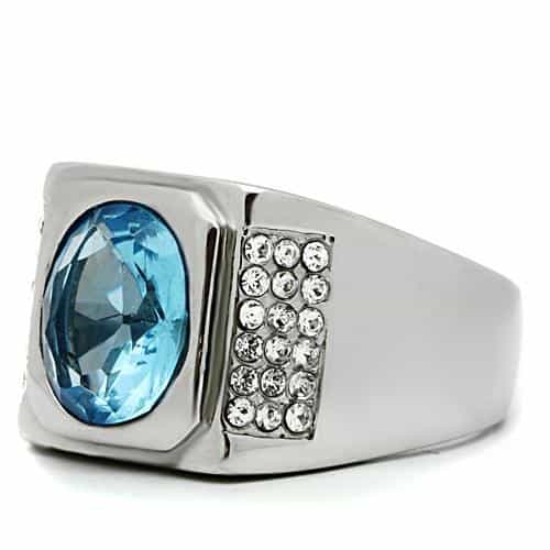 Stainless Steel Silver CZ Cushion Light Blue V-Accent Square Ring view 7