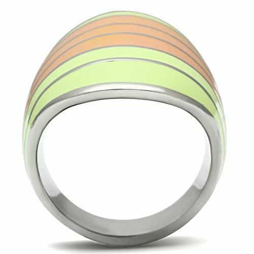 Stainless Steel Silver Green Orange Enamel Stripe Dome Ring view 5