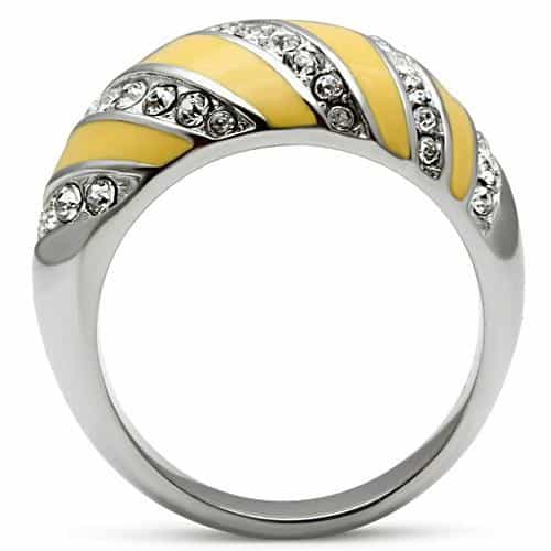Stainless Steel Silver Yellow Enamel Stripe CZ Dome Ring view 5