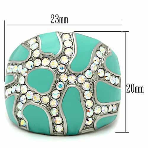 Stainless Steel Silver Teal Enamel Crystal Pave Dome Ring view 3