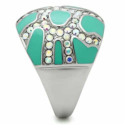 Stainless Steel Silver Teal Enamel Crystal Pave Dome Ring view 7