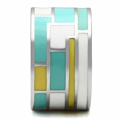 Stainless Steel Silver Teal Yellow Enamel Geometric Block Ring view 7