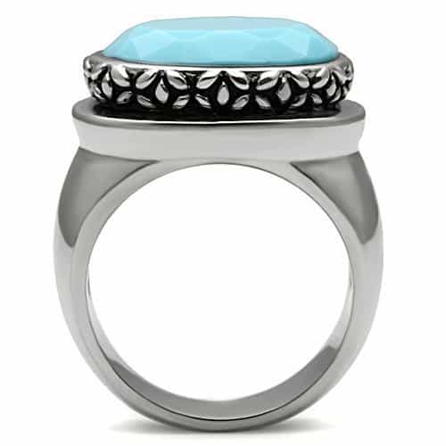 Stainless Steel Silver Turquoise Cabochon Oval Beaded Bezel Ring view 5